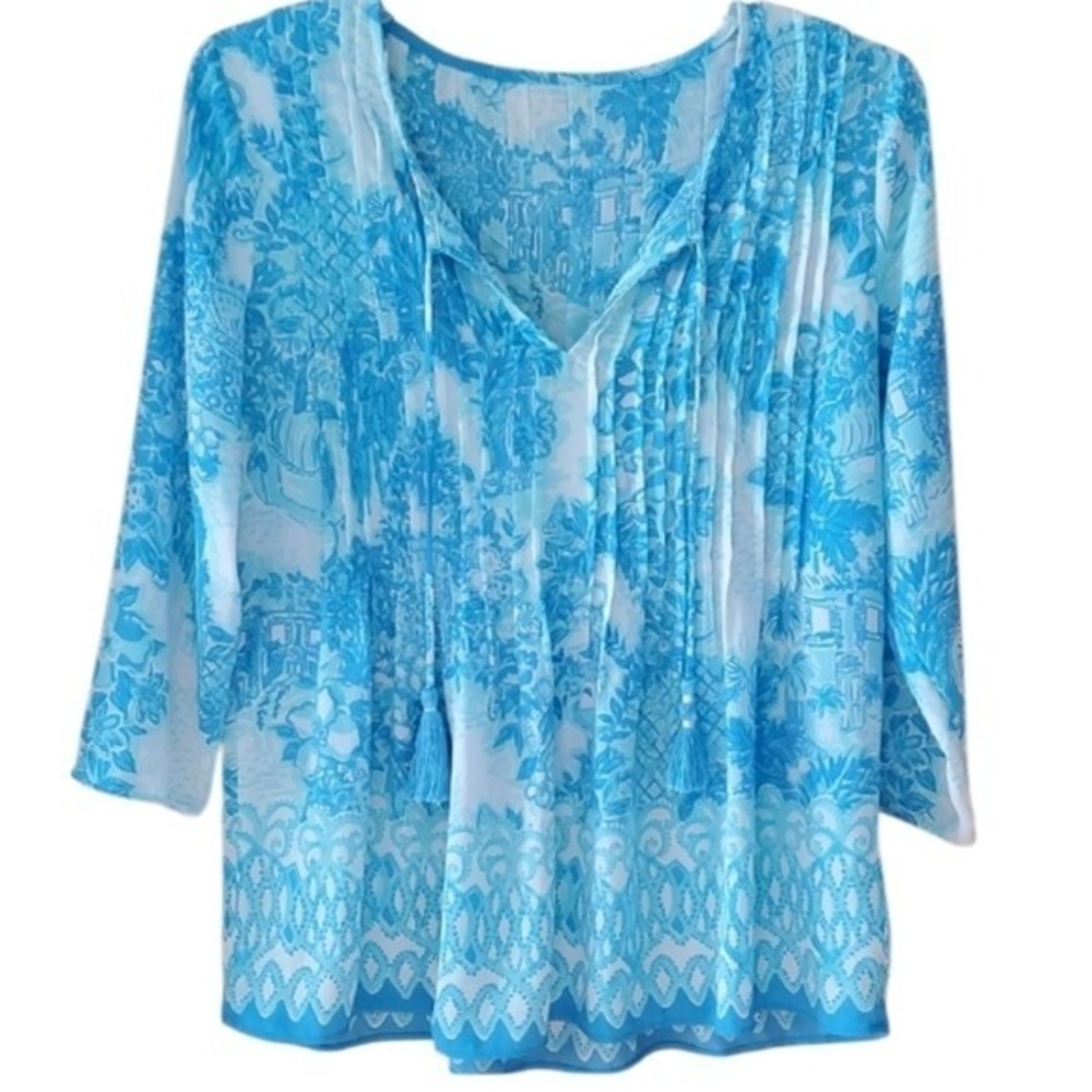 Womans Boho Lightweight Pleated Top In Aqu, Blue,‎ White